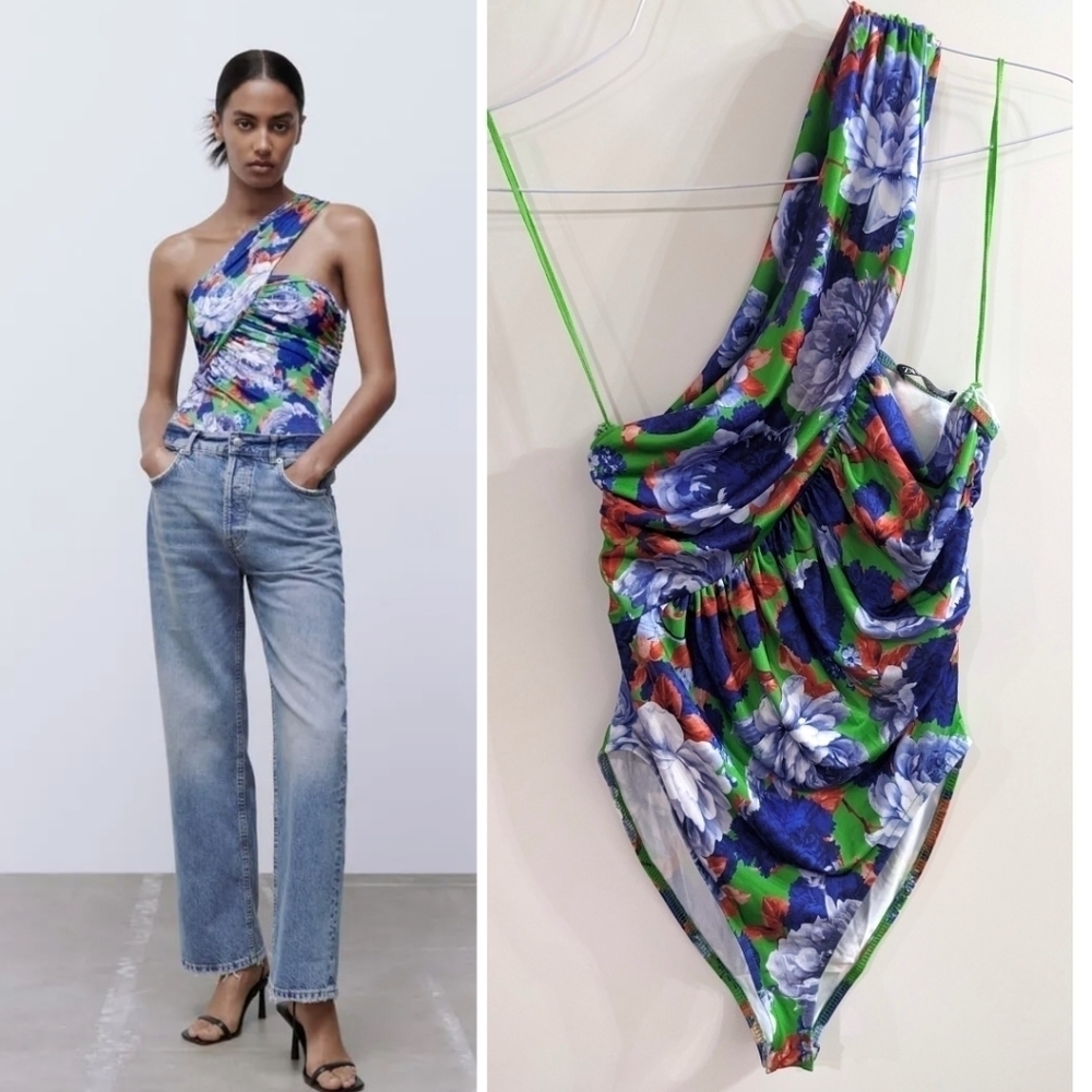 NEW Zara | Asymmetrical floral bodysuit